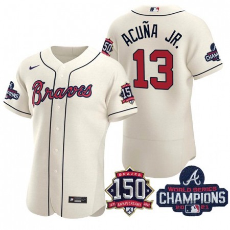 Men's Atlanta Braves #13 Ronald Acuna Jr. 2021 Cream World Series Champions With 150th Anniversary Flex Base Stitched Jersey