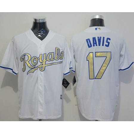 Royals #17 Wade Davis White New Cool Base 2015 World Series Champions Gold Program Stitched MLB Jersey