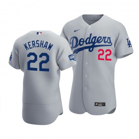Men's Los Angeles Dodgers #22 Clayton Kershaw 2020 Grey World Series Champions Patch Flex Base Sttiched Jersey