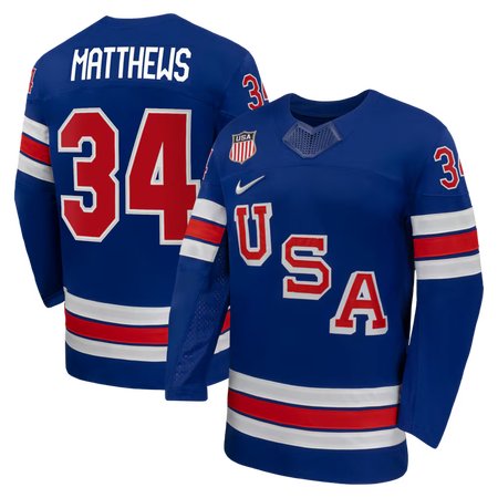 Men's USA Hockey #34 Auston Matthews Royal 2026 Home Replica Jersey