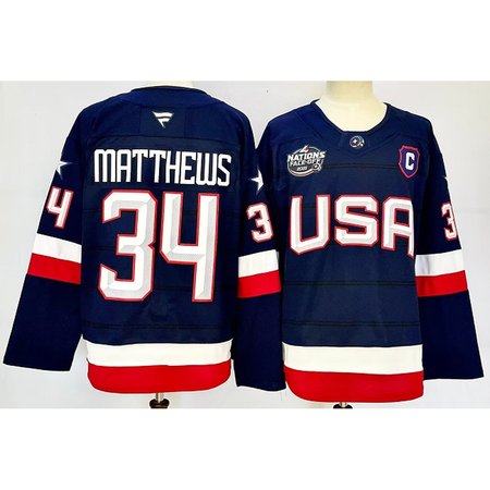Men's USA #34 Auston Matthews Navy 2025 With C Patch 4 Nations Face-Off Stitched Jersey