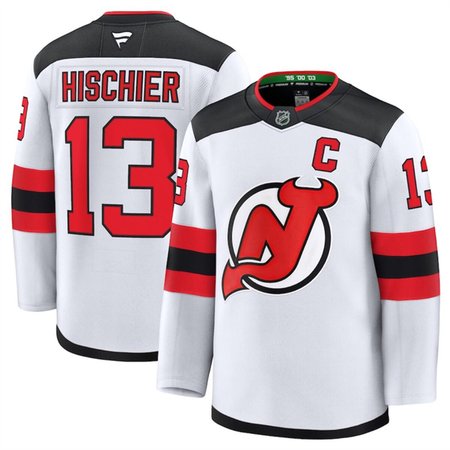 Men's New Jersey Devils #13 Nico Hischier White 2024-25 Away Stitched Hockey Premium Jersey