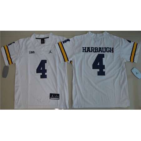 Wolverines #4 Jim Harbaugh White Stitched Youth NCAA Jersey