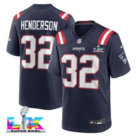 Youth New England Patriots #32 TreVeyon Henderson Nike Navy Super Bowl LX Game Jersey
