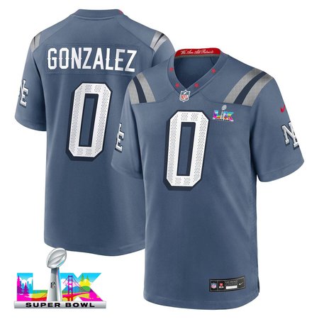 Youth New England Patriots #0 Christian Gonzalez Blue Super Bowl LX Rivalries Collection Game Jersey