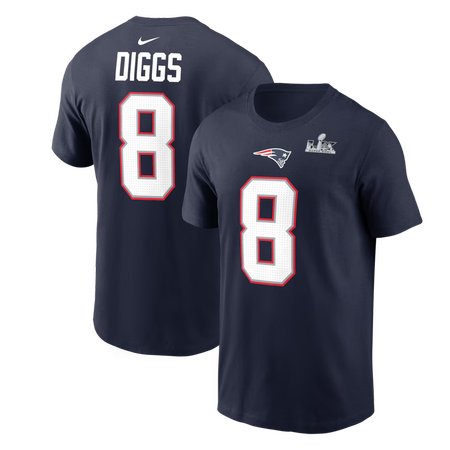 Men's New England Patriots #8 Stefon Diggs Nike Navy Super Bowl LX Patch Name & Number T-Shirt