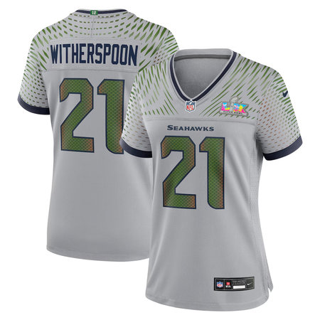 Women's Seattle Seahawks #21 Devon Witherspoon Gray Super Bowl LX Rivalries Collection Game Stitched Jersey