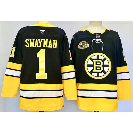 Men's Boston Bruins #1 Jeremy Swayman Black 100th Anniversary Stitched Hockey Jersey