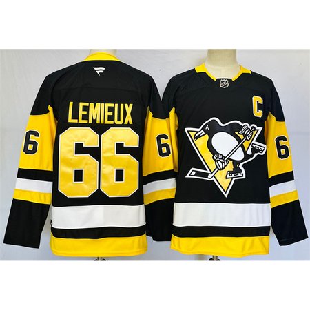 Men's Pittsburgh Penguins #66 Mario Lemieux Black 2024-25 Home With C Patch Stitched Hockey Jersey