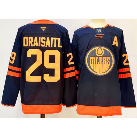 Men's Edmonton Oilers #29 Leon Draisaitl Navy 2024-25 A Patch Stitched Jersey