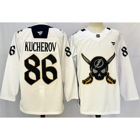 Men's Tampa Bay Lightning #86 Nikita Kucherov 2024-25 White Gasparilla inspired Pirate-themed Warmup Stitched Jersey