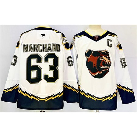 Men's Boston Bruins #63 Brad Marchand White 2024-25 With C Patch Reverse Retro Home Stitched Hockey Jersey