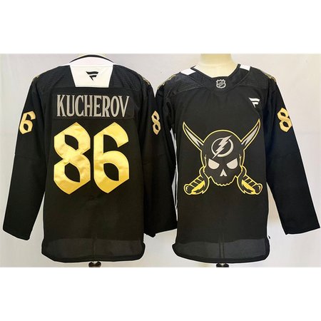 Men's Tampa Bay Lightning #86 Nikita Kucherov 2024-25 Black Gasparilla inspired Pirate-themed Warmup Stitched Jersey