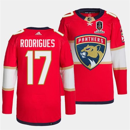 Men's Florida Panthers #17 Evan Rodrigues Red Home 2024 Stanley Cup Champions Stitched Jersey
