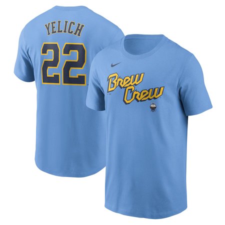 Men's Milwaukee Brewers #22 Christian Yelich Nike Powder Blue City Connect Fuse Name & Number T-Shirt