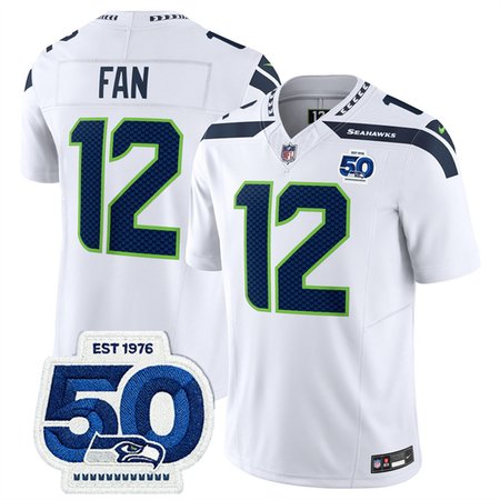 Youth Seattle Seahawks #12 Fan White 2025 F.U.S.E. 50th Anniversary Patch Vapor Untouchable Limited Stitched Football Jersey
