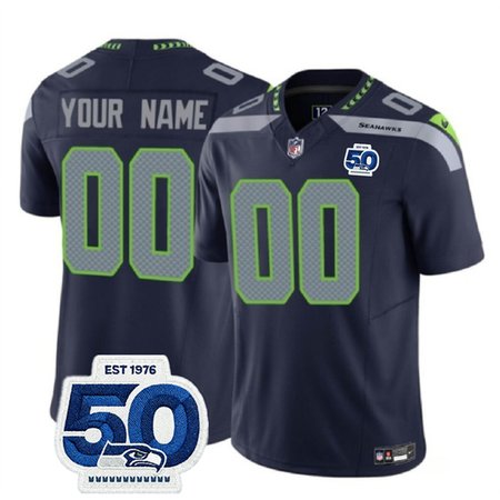 Men's Seattle Seahawks Active Player Custom Navy 2025 F.U.S.E. 50th Anniversary Patch Vapor Untouchable Limited Stitched Football Jersey