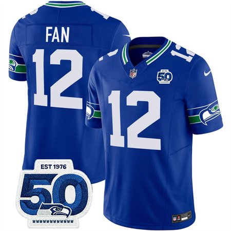 Youth Seattle Seahawks #12 Fan Royal 2025 F.U.S.E 50th Anniversary Patch Throwback Vapor Limited Stitched Football Jersey