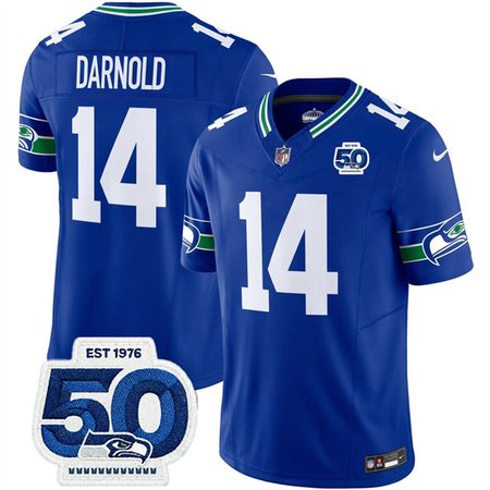 Youth Seattle Seahawks #14 Sam Darnold Royal 2025 F.U.S.E 50th Anniversary Patch Throwback Vapor Limited Stitched Football Jersey