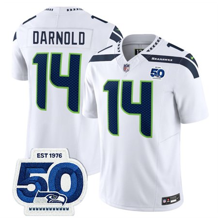 Youth Seattle Seahawks #14 Sam Darnold White 2025 F.U.S.E. 50th Anniversary Patch Vapor Untouchable Limited Stitched Football Jersey