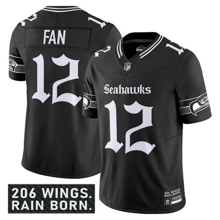 Youth Seattle Seahawks #12 Fan Black 2025 F.U.S.E. 'Gothic Rain City Shadows Edition' Vapor Limited Stitched Football Jersey