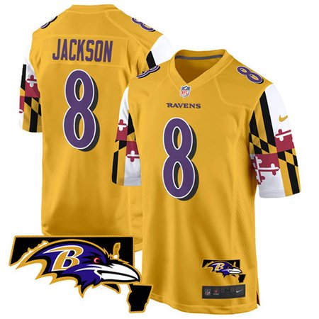 Men's Baltimore Ravens #8 Lamar Jackson Gold 2025 Maryland Flag Vapor Limited Football Game Jersey