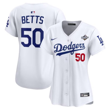 Women's Los Angeles Dodgers #50 Mookie Betts Nike White 2025 World Series Home Limited Jersey