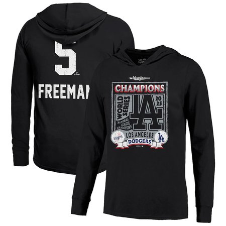 Men's Los Angeles Dodgers #5 Freddie Freeman Majestic Threads Black 2025 World Series Champions Name & Number Lightweight Hoodie