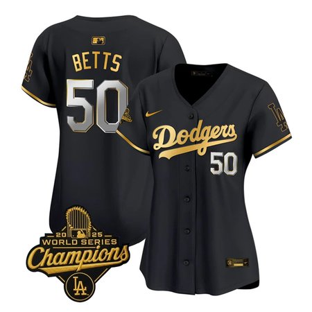 Women's Los Angeles Dodgers #50 Mookie Betts Nike Black Golden 2025 World Series Champions Home Limited Jersey