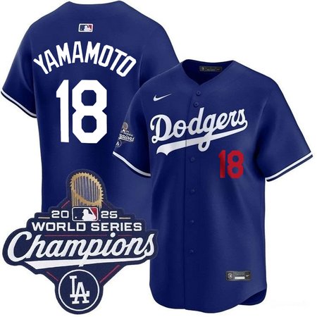 Men's Los Angeles Dodgers #18 Yoshinobu Yamamoto Nike Royal 2025 World Series Champions Home Limited Jersey