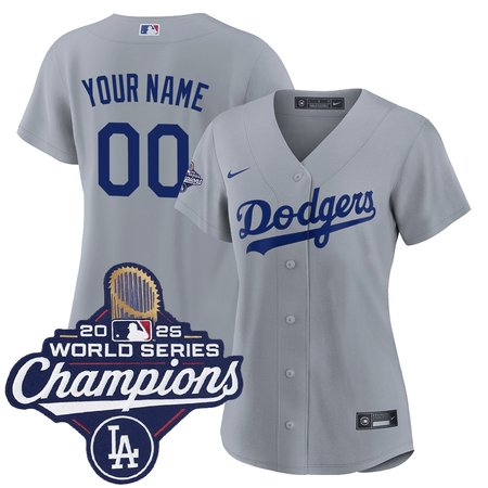 Women's Los Angeles Dodgers Custom Nike Gray 2025 World Series Champions Home Replica Jersey