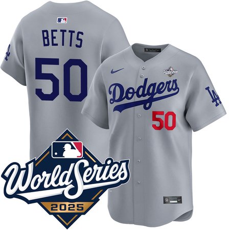 Men's Los Angeles Dodgers #50 Mookie Betts Nike Gray 2025 World Series Home Limited Jersey