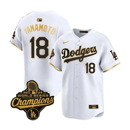 Men's Los Angeles Dodgers #18 Yoshinobu Yamamoto Nike White Golden 2025 World Series Champions Home Limited Jersey