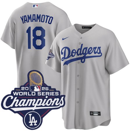 Youth Los Angeles Dodgers #18 Yoshinobu Yamamoto Nike Gray 2025 World Series Champions Home Replica Jersey