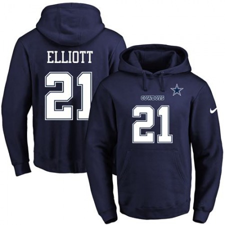 Cowboys #21 Ezekiel Elliott Navy Blue Name & Number Pullover NFL Hoodie