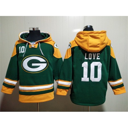 Men's Green Bay Packers #10 Jordan Love Green Lace-Up Pullover Hoodie