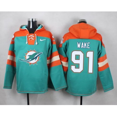 Dolphins #91 Cameron Wake Aqua Green Player Pullover NFL Hoodie