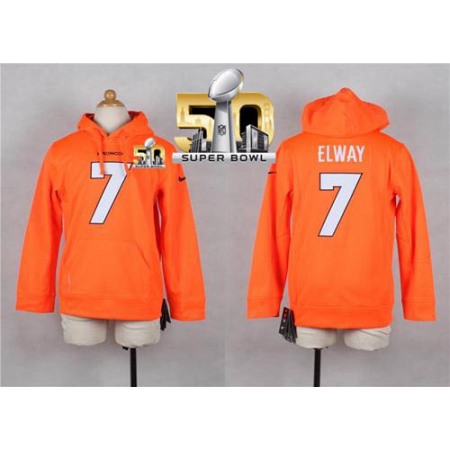 Broncos #7 John Elway Orange Super Bowl 50 Youth Player NFL Hoodie