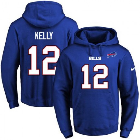 Bills #12 Jim Kelly Royal Blue Name & Number Pullover NFL Hoodie