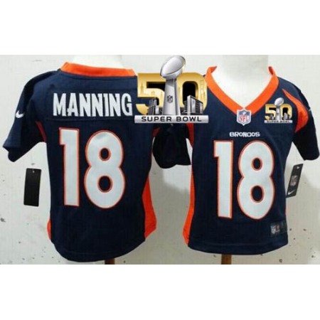 Toddler Broncos #18 Peyton Manning Navy Blue Alternate Super Bowl 50 Stitched NFL Elite Jersey