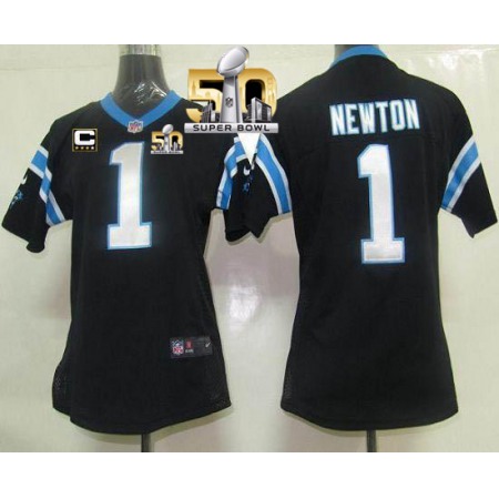 Panthers #1 Cam Newton Black Team Color With C Patch Super Bowl 50 Women's Stitched NFL Elite Jersey