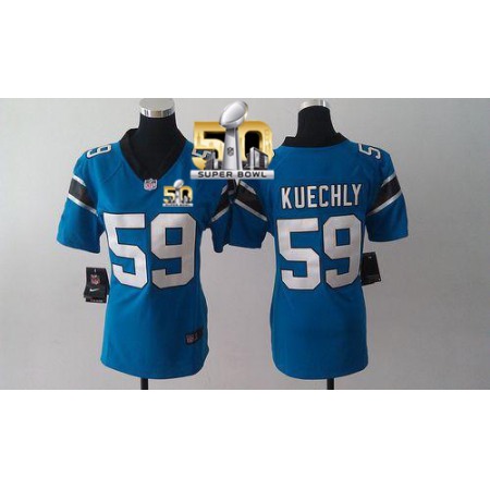 Panthers #59 Luke Kuechly Blue Alternate Super Bowl 50 Women's Stitched NFL Elite Jersey