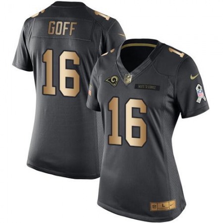 Rams #16 Jared Goff Black Women's Stitched NFL Limited Gold Salute to Service Jersey