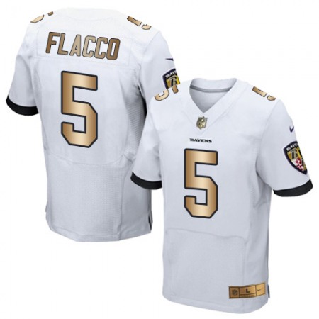Ravens #5 Joe Flacco White Men's Stitched NFL New Elite Gold Jersey
