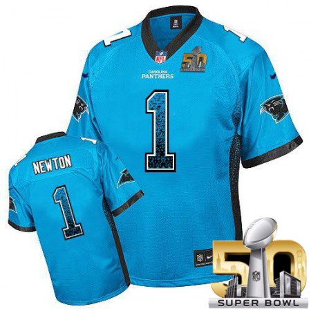 Panthers #1 Cam Newton Blue Alternate Super Bowl 50 Men's Stitched NFL Elite Drift Fashion Jersey