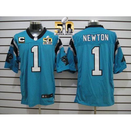 Panthers #1 Cam Newton Blue Alternate With C Patch Super Bowl 50 Men's Stitched NFL Elite Jersey