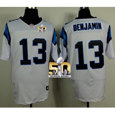 Panthers #13 Kelvin Benjamin White Super Bowl 50 Men's Stitched NFL Elite Jersey
