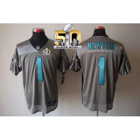Panthers #1 Cam Newton Grey Shadow Super Bowl 50 Men's Stitched NFL Elite Jersey