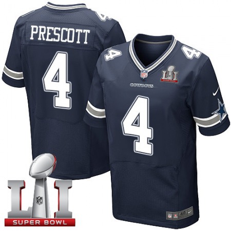 Cowboys #4 Dak Prescott Navy Blue Team Color Men's Stitched NFL Super Bowl LI 51 Elite Jersey