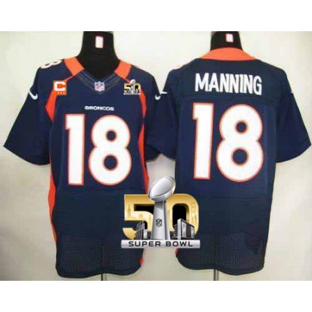 Broncos #18 Peyton Manning Navy Blue With C Patch Super Bowl 50 Men's Stitched NFL Elite Jersey